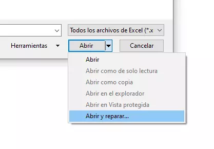 Opción de Excel “Abrir y reparar...”