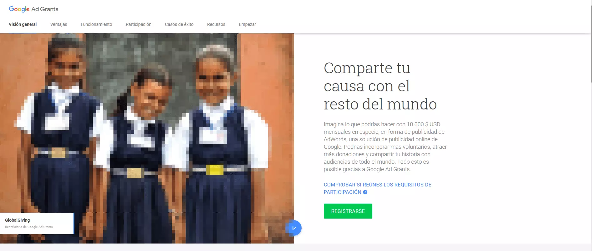 Página de inicio de Google Ad Grants