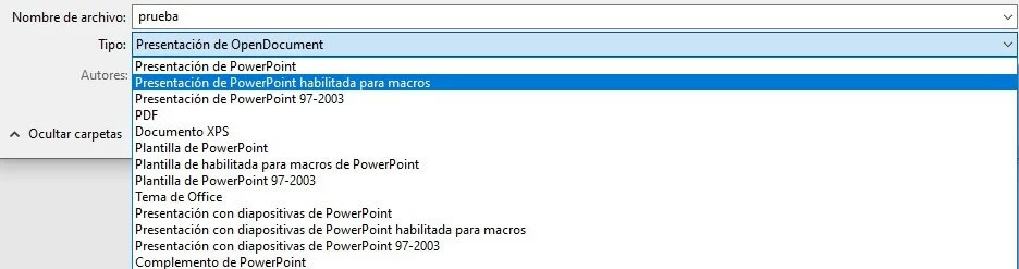 Elección del tipo de archivo en PowerPoint 2016