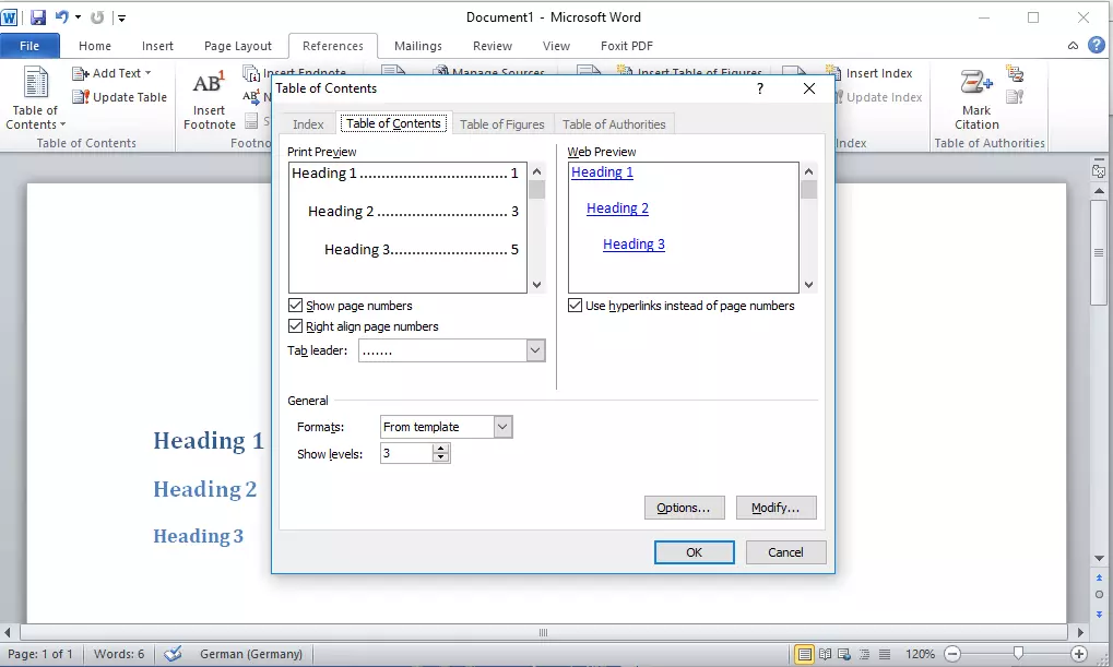 Microsoft Word 2016: cuadro de diálogo “Tabla de contenido” para configurar un índice definido por el usuario