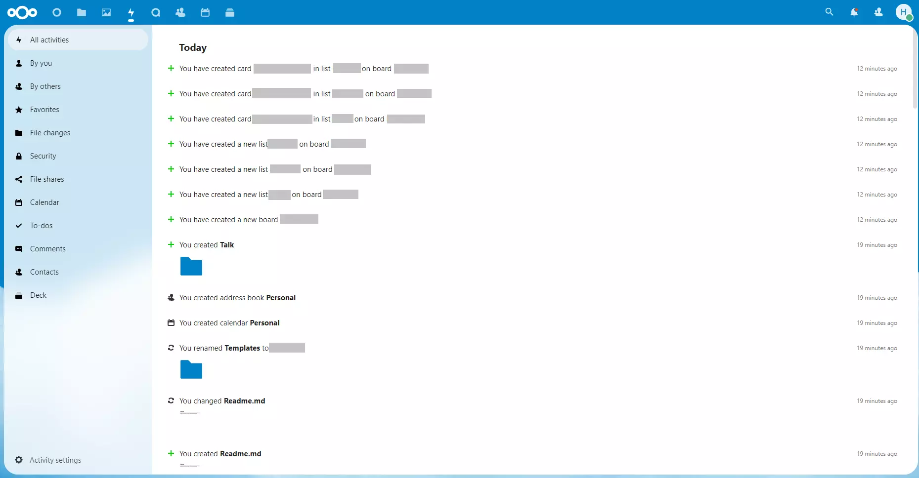 Nextcloud client en el navegador con pestaña de actividades