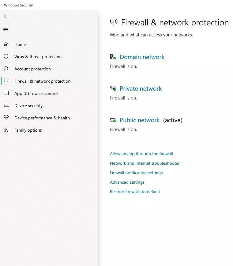 Propiedades del firewall y protección de red en Windows