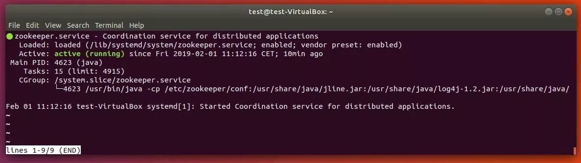 Terminal de Ubuntu: comentario del estado del servicio de ZooKeeper