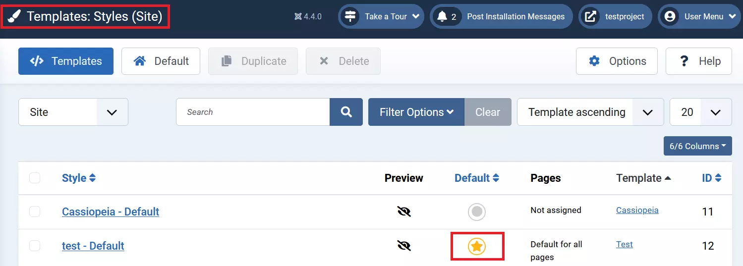 Menú “Plantillas” > “Estilos de plantillas” del backend de Joomla