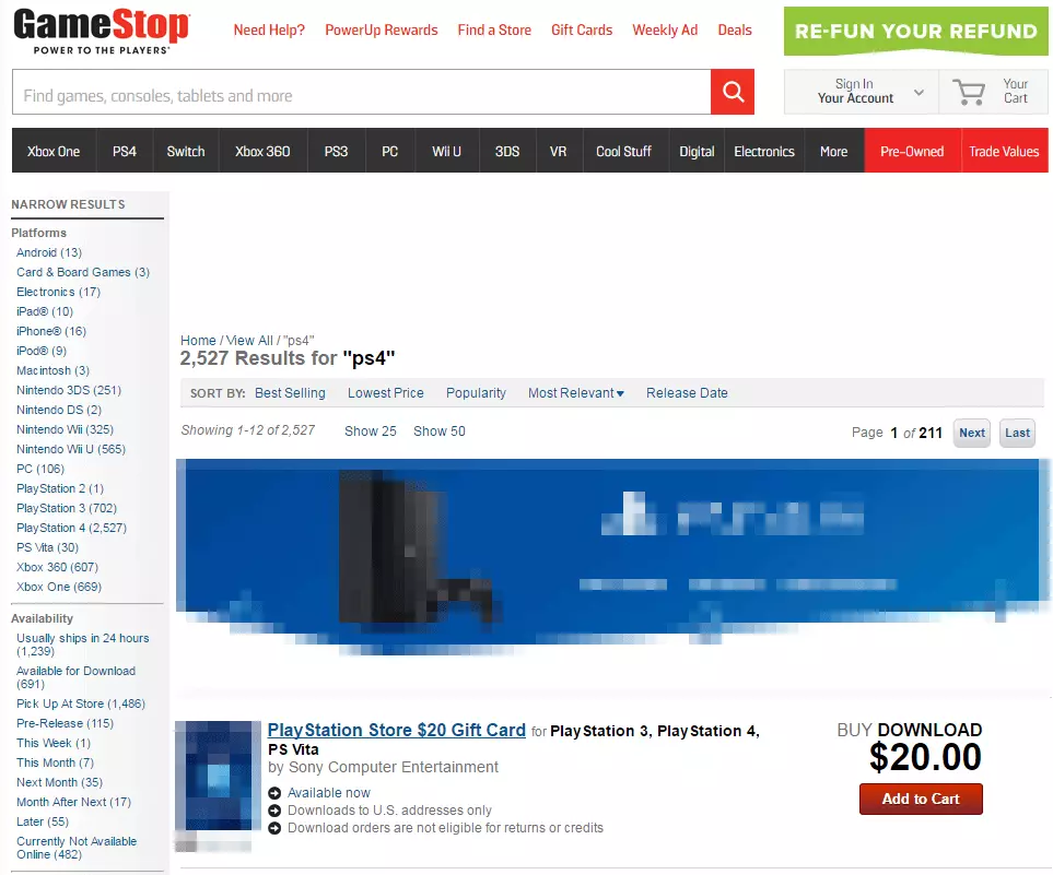 Búsqueda con la palabra clave “ps4”en la tienda online Gamestop