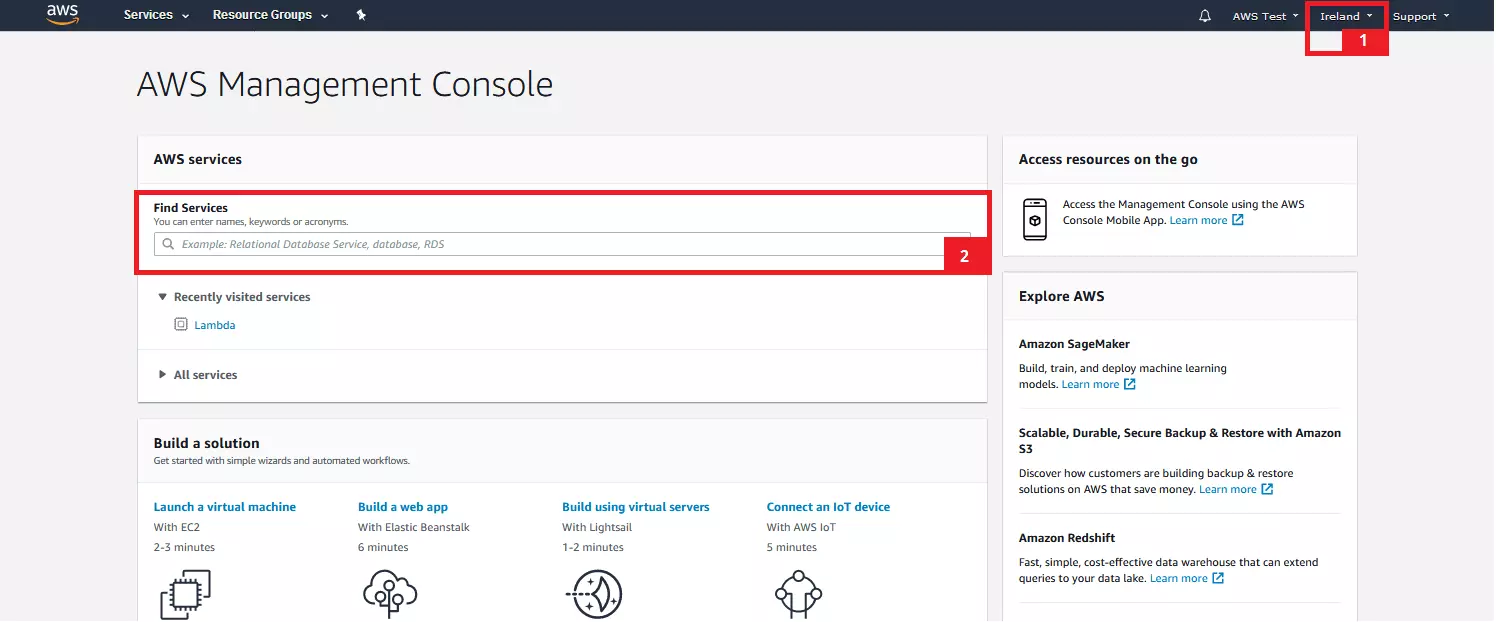 Página principal de AWS Management Console