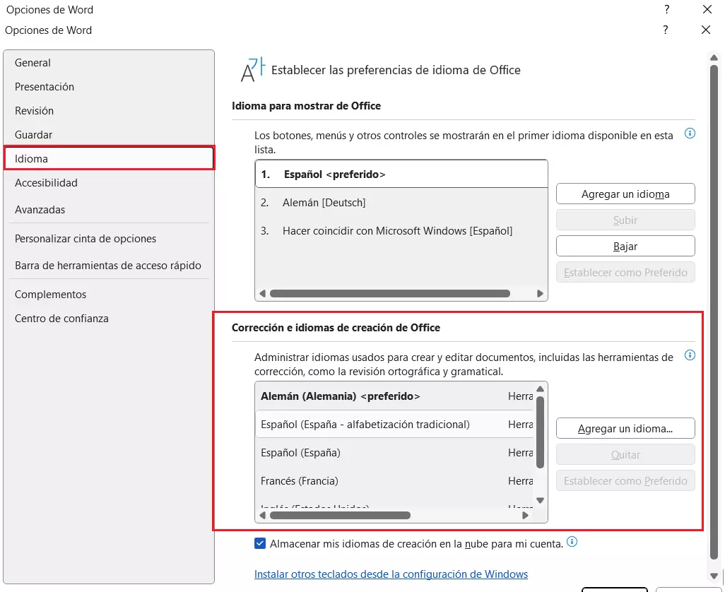 Configuración de idioma en Word