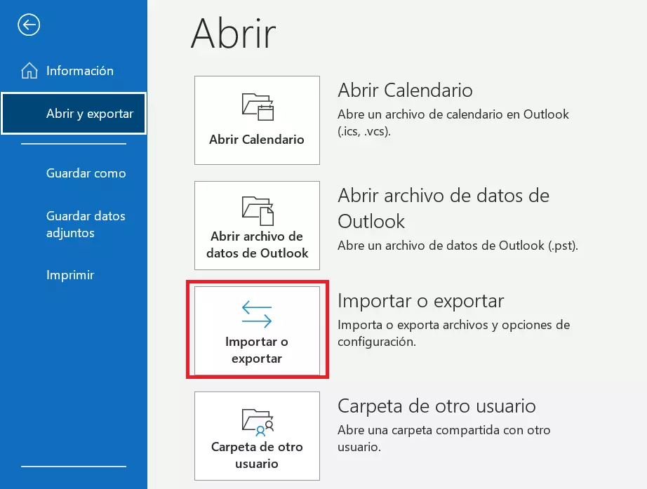 Outlook: función “Importar y exportar”