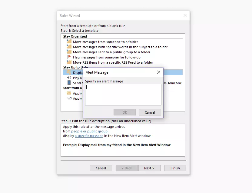 Asistente para reglas de Outlook: cuadro de diálogo para el mensaje de alerta