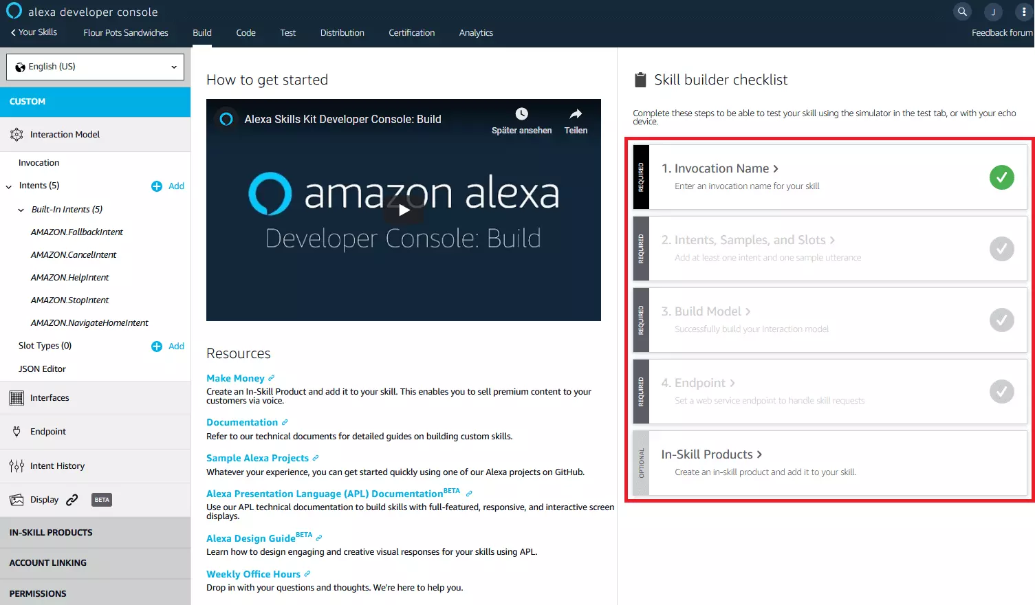 Alexa Developer Console: página de descripción general en el área de compilación “Build”