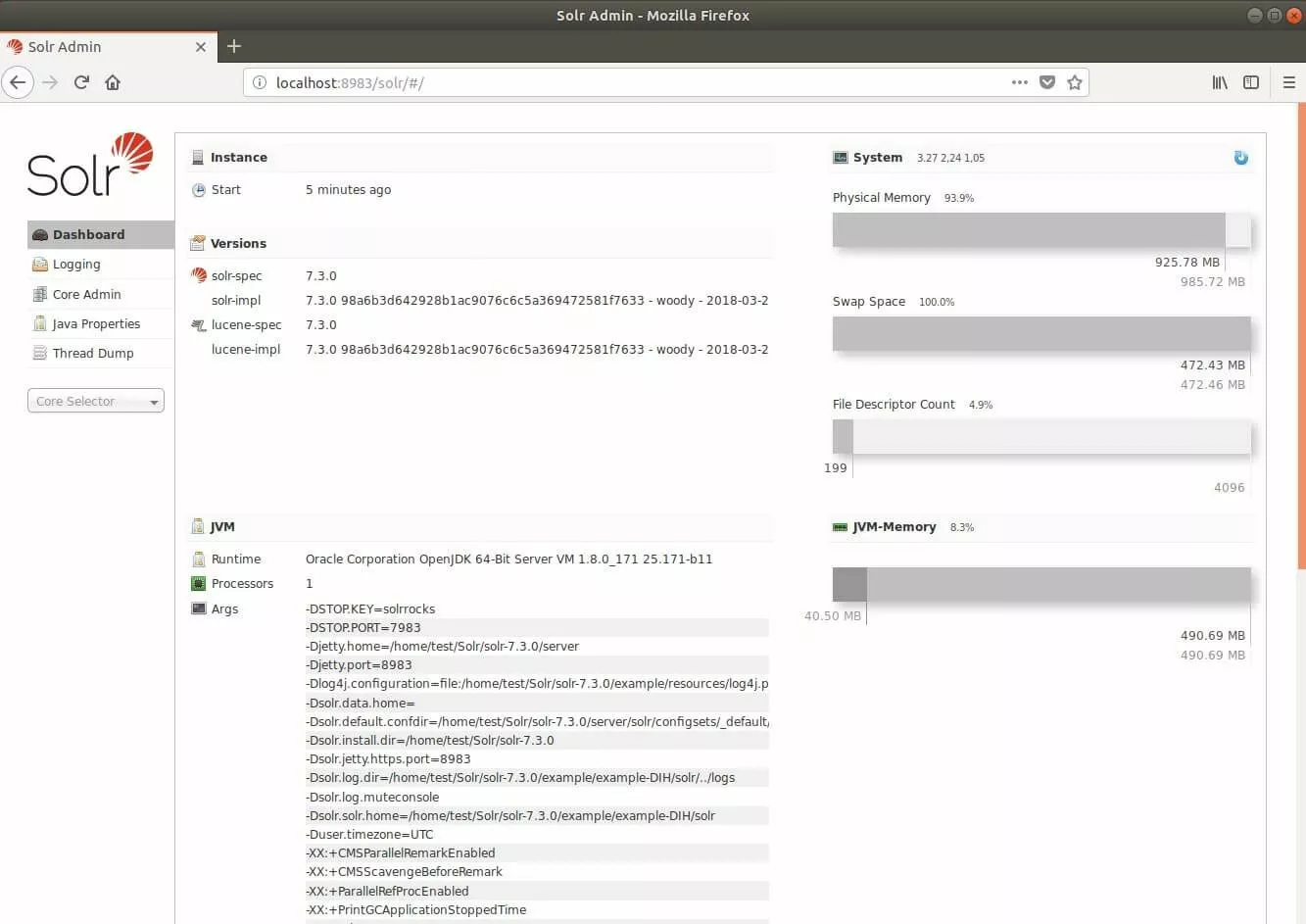 Panel general de la web app de Solr con datos sobre el servidor físico, la memoria temporal, el contador del índice de archivos y la memoria JVM.