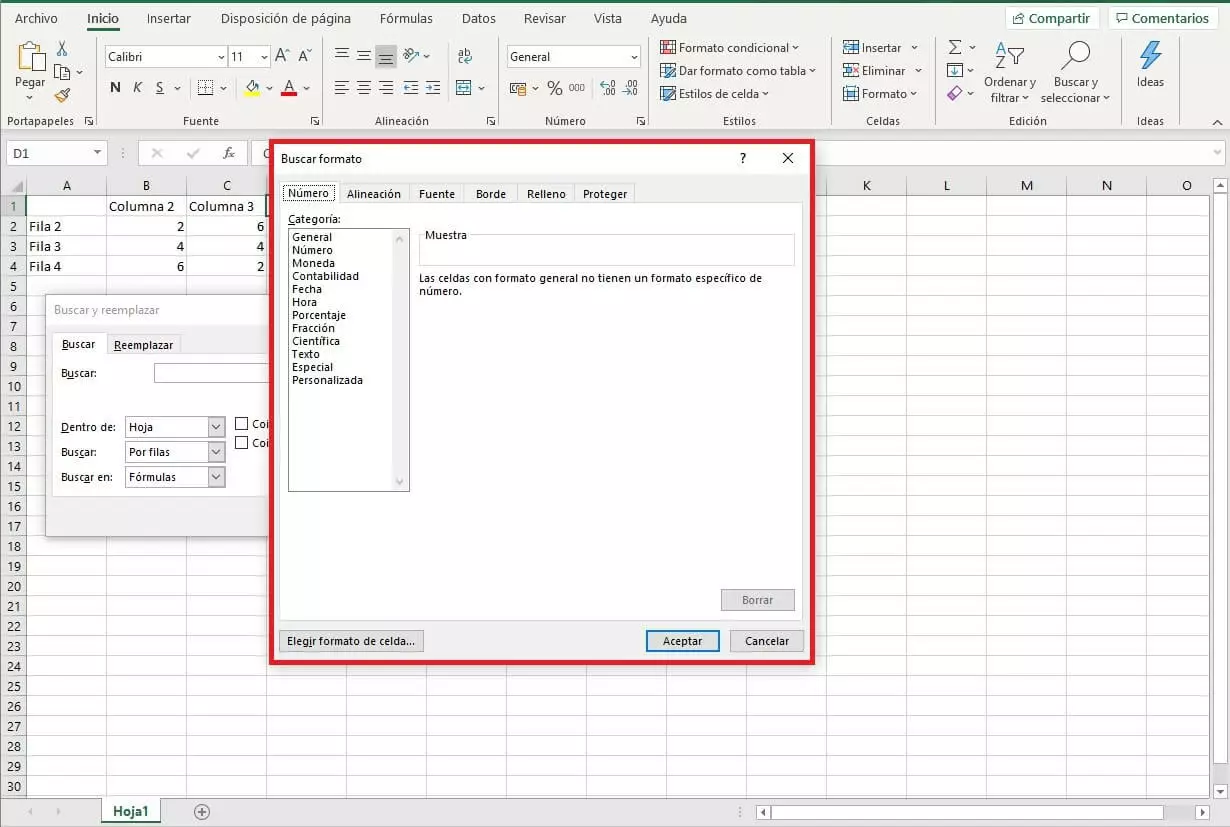 Ventana para buscar las celdas con un formato concreto en Excel