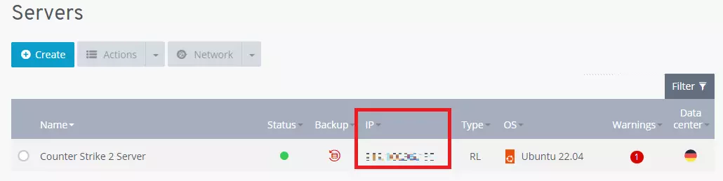 La dirección IP del servidor en la cuenta de cliente