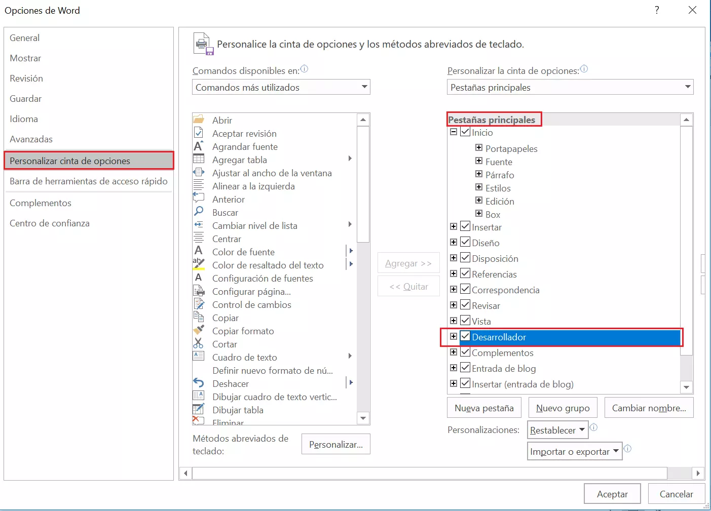 Word 2016: “Personalizar la cinta de opciones” dentro de “Opciones de Word”