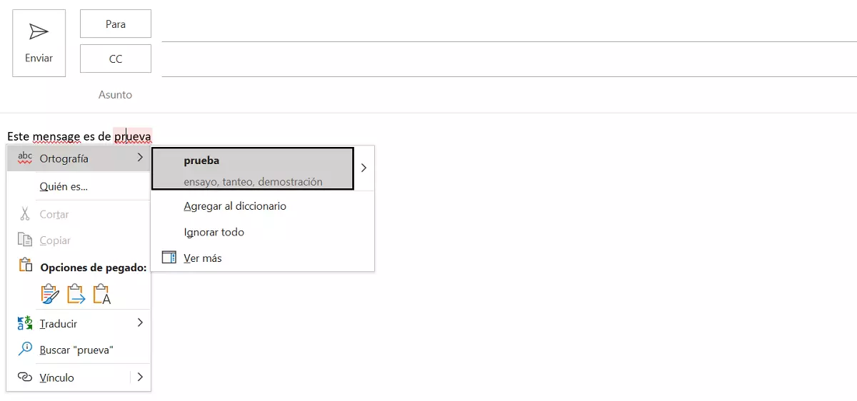 Revisión ortográfica de Outlook: sugerencias de corrección