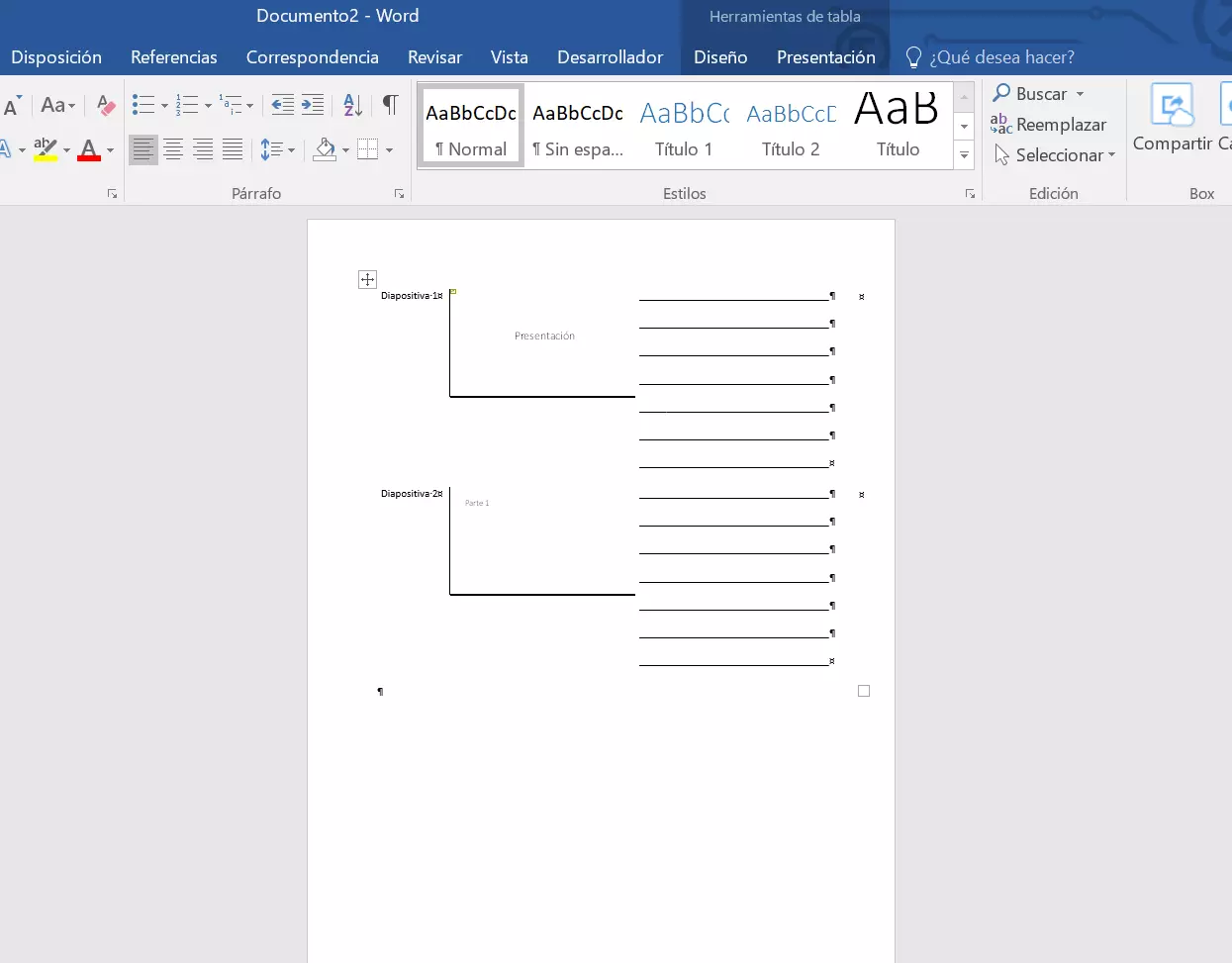 Presentación de PowerPoint exportada con líneas en blanco a Microsoft Word