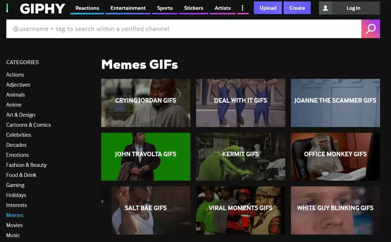 Imágenes fijas GIF como miniaturas en giphy.com