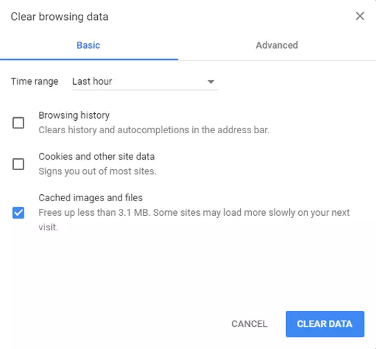 Ventana “Borrar datos de navegación” (“Clear browsing data”)