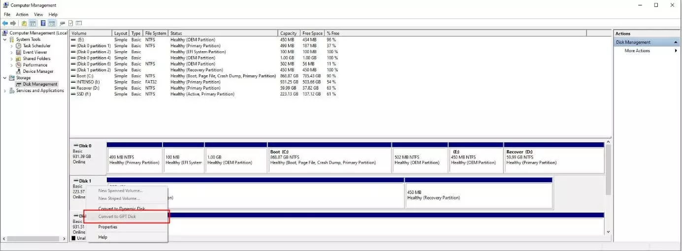 Administración de discos de Windows: convertir en GPT.