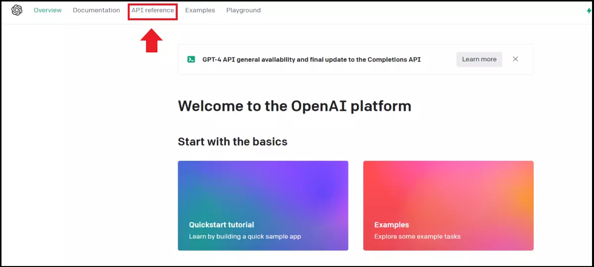 Elemento de menú API reference en el menú de inicio de OpenAI