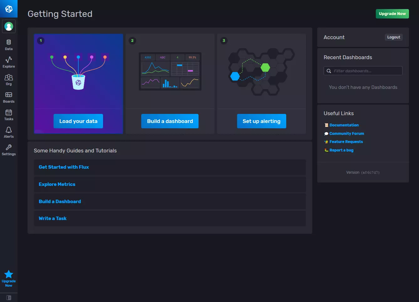 Pantalla de inicio de InfluxDB Cloud