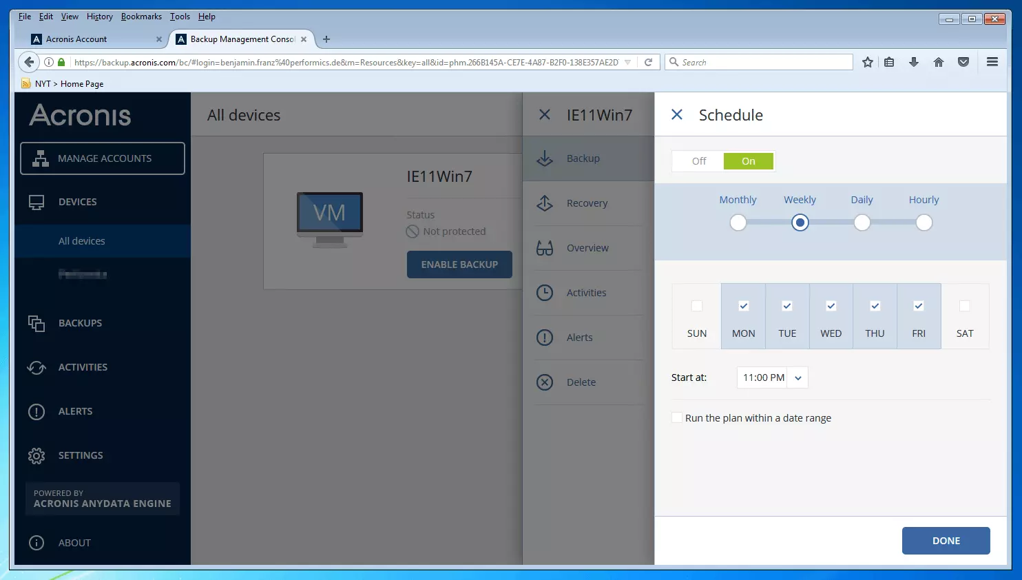 Consola de gestión de copias de seguridad de Acronis Backup 12.5: menú para la creación de calendarios para establecer la creación de backups