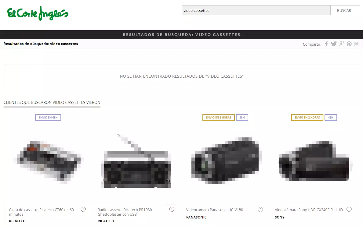 Imagen de la búsqueda de “video cassetes” en la web de El Corte Inglés