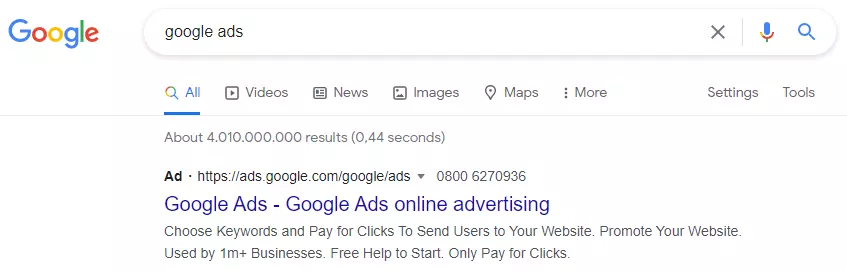 Un anuncio de Google sobre Google Ads en las SERP