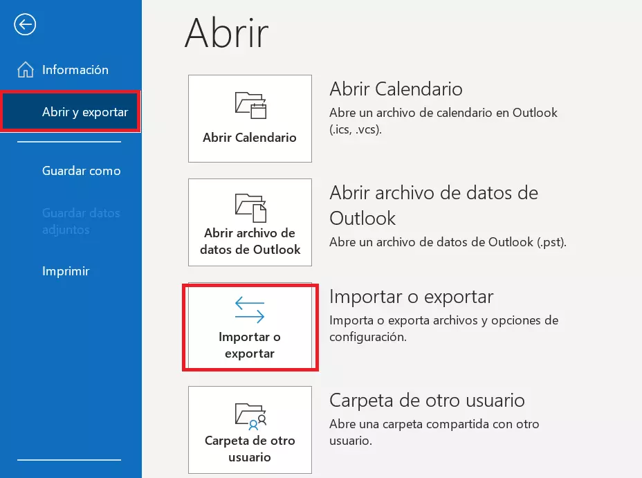 Opción de “Importar o exportar” para iniciar el asistente de Outlook para importar datos