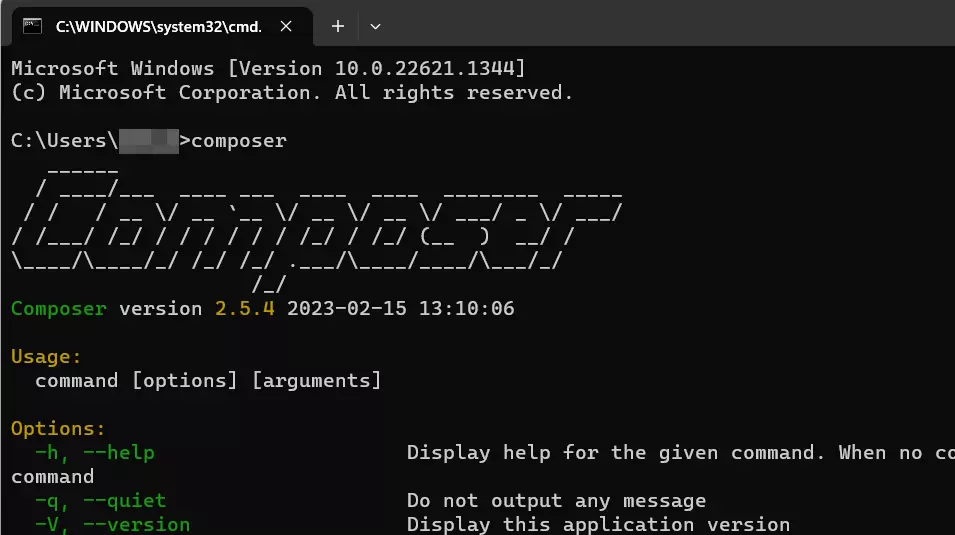 Vista de la versión de Composer en Windows 11 mediante “cmd”