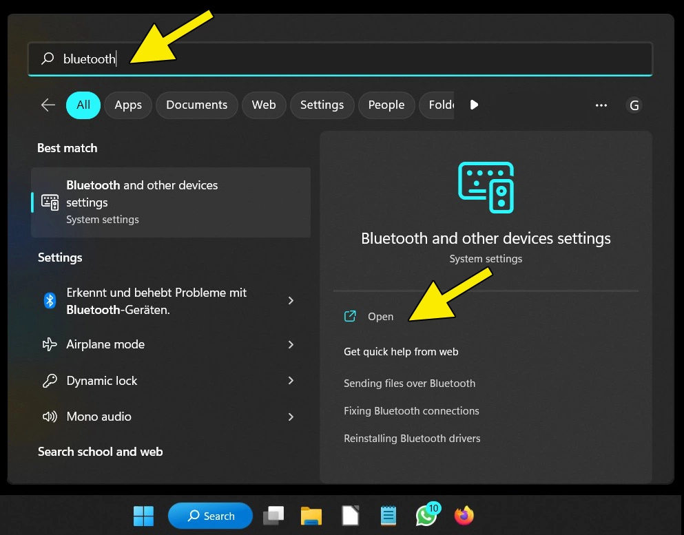 Barra de búsqueda de Windows 11: introduce “bluetooth” y abre el resultado de búsqueda “Configuración de Bluetooth y otros dispositivos”