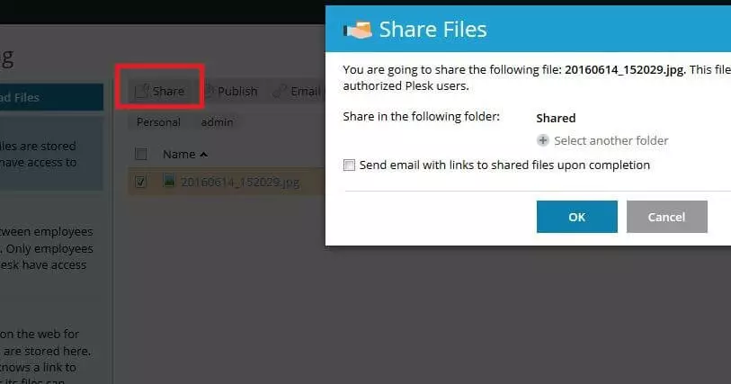 Cuadro de diálogo para confirmar el uso compartido de archivos en Plesk