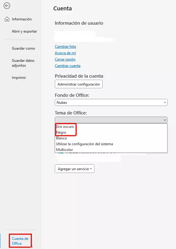 La opción Tema de Office en la cuenta de Office con las opciones de modo oscuro