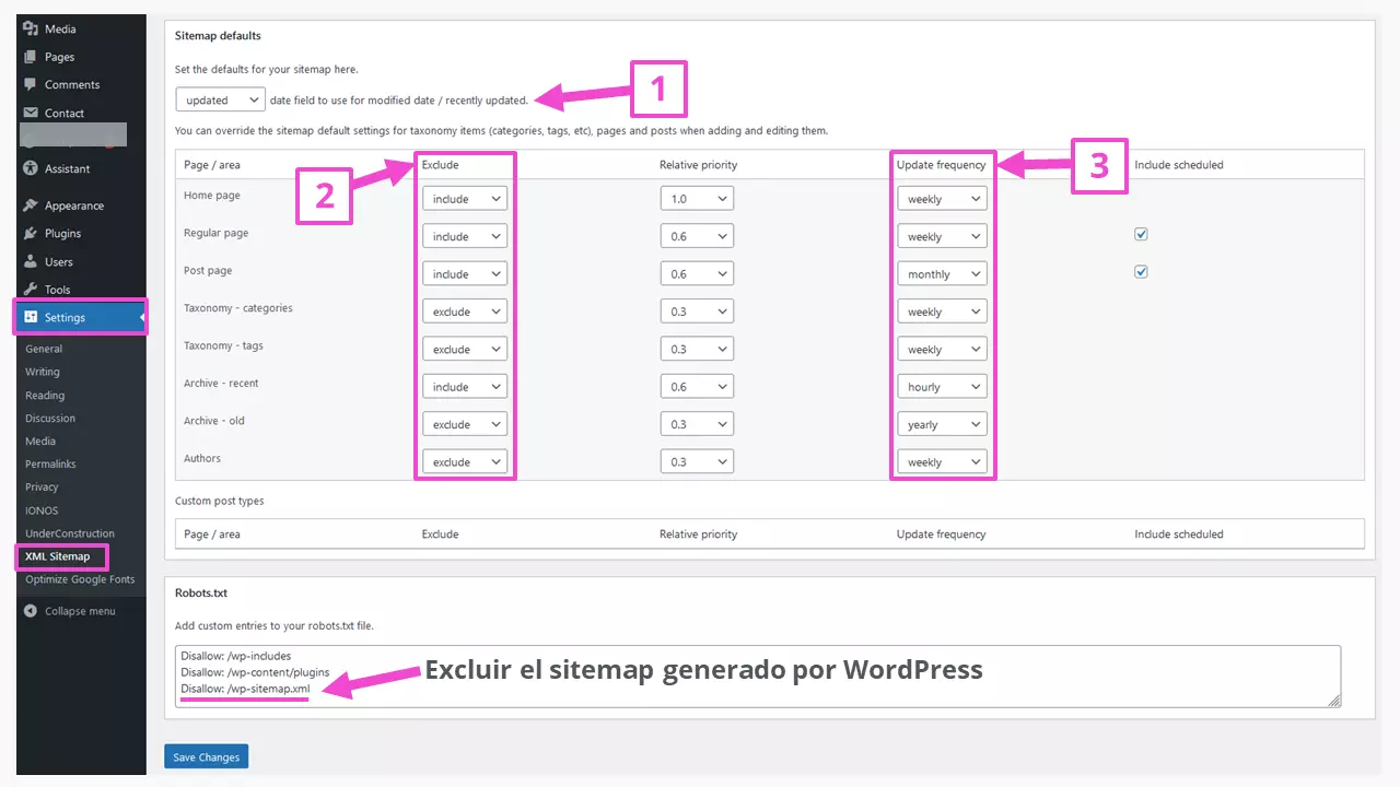 La parte inferior de la interfaz de administración del plugin “XML Sitemap Generator for Google”