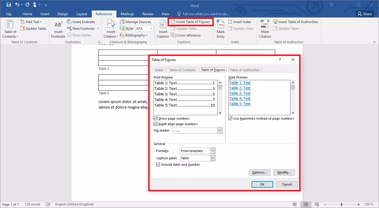 Insertar una tabla de ilustraciones en Word.