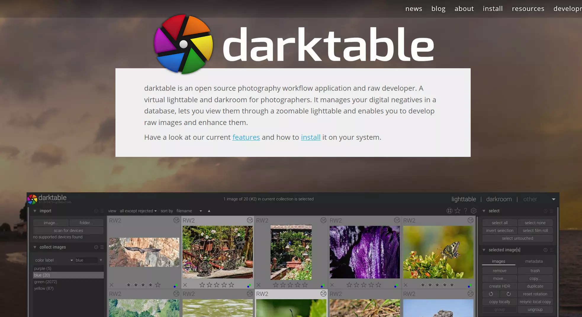 Screenshot de la página web de darktable