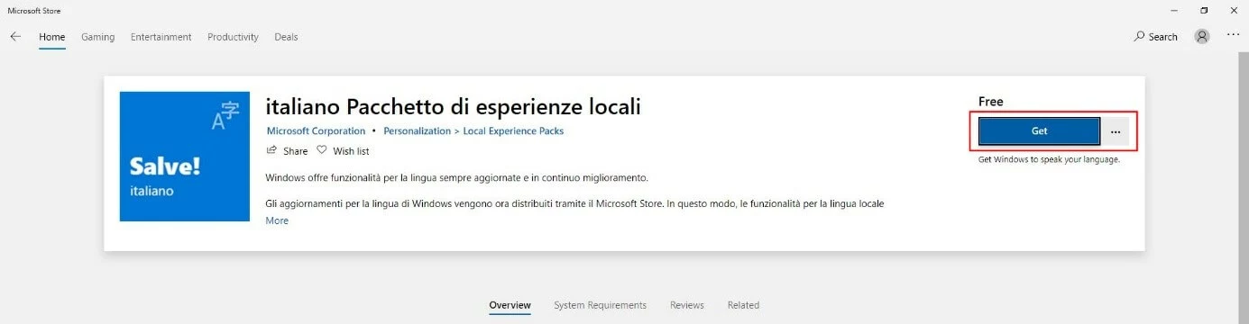 Microsoft Store: Descarga del Paquete de experiencia local de italiano