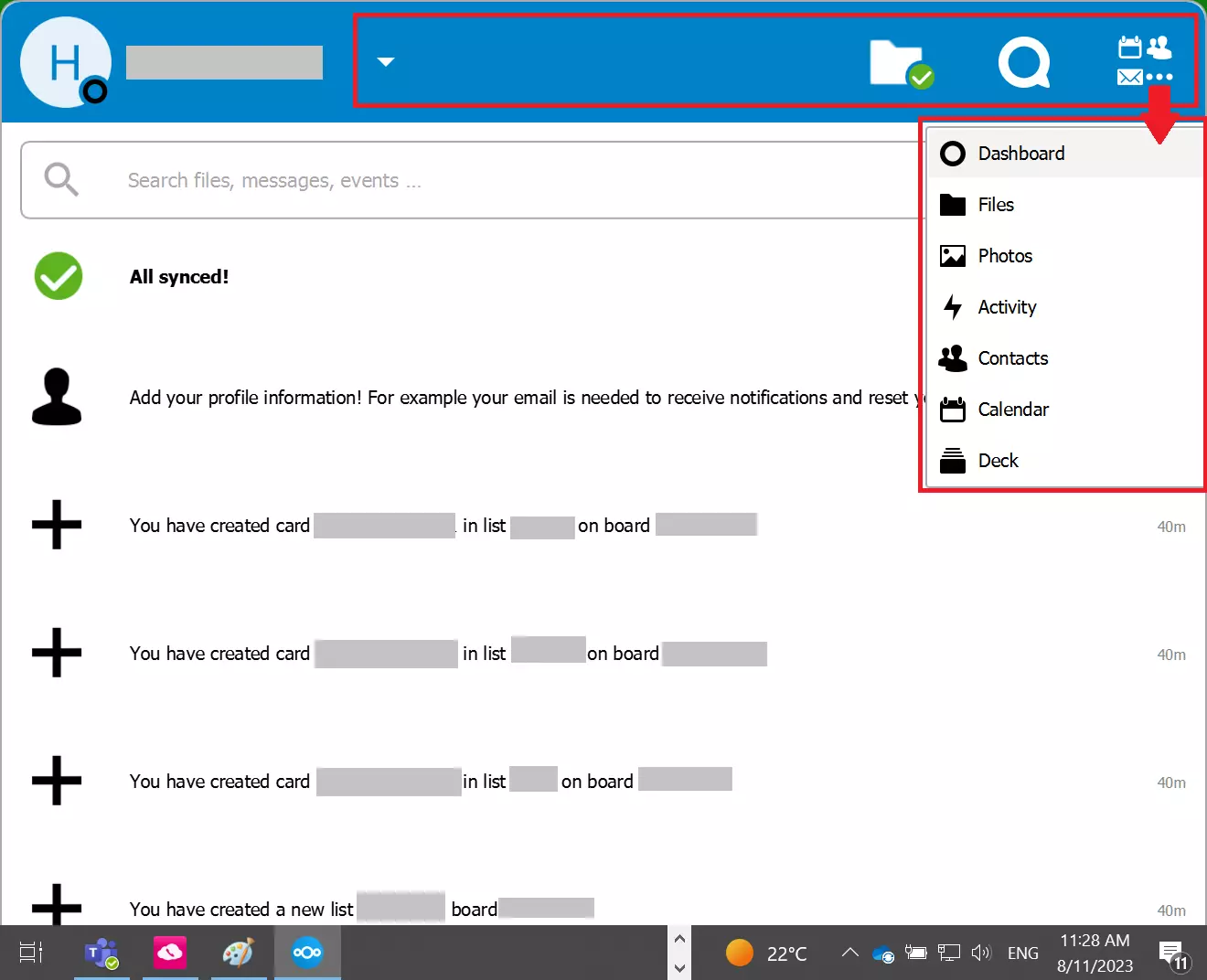 Navegación del cliente Nextcloud