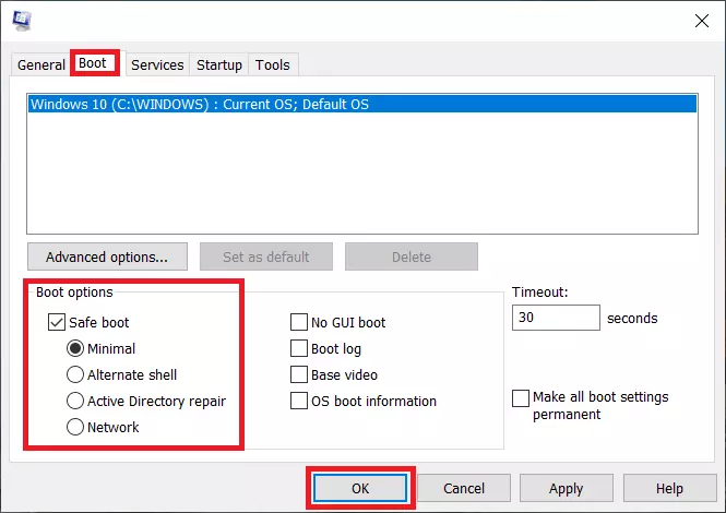 Captura de pantalla de configuración del sistema: opciones de arranque