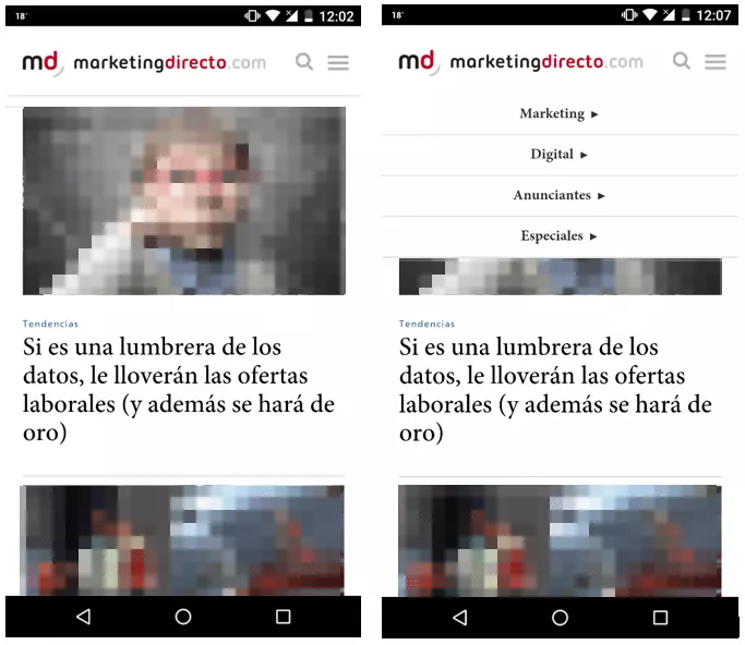 Vista móvil marketingdirecto.com, ejemplo de menú desplegable
