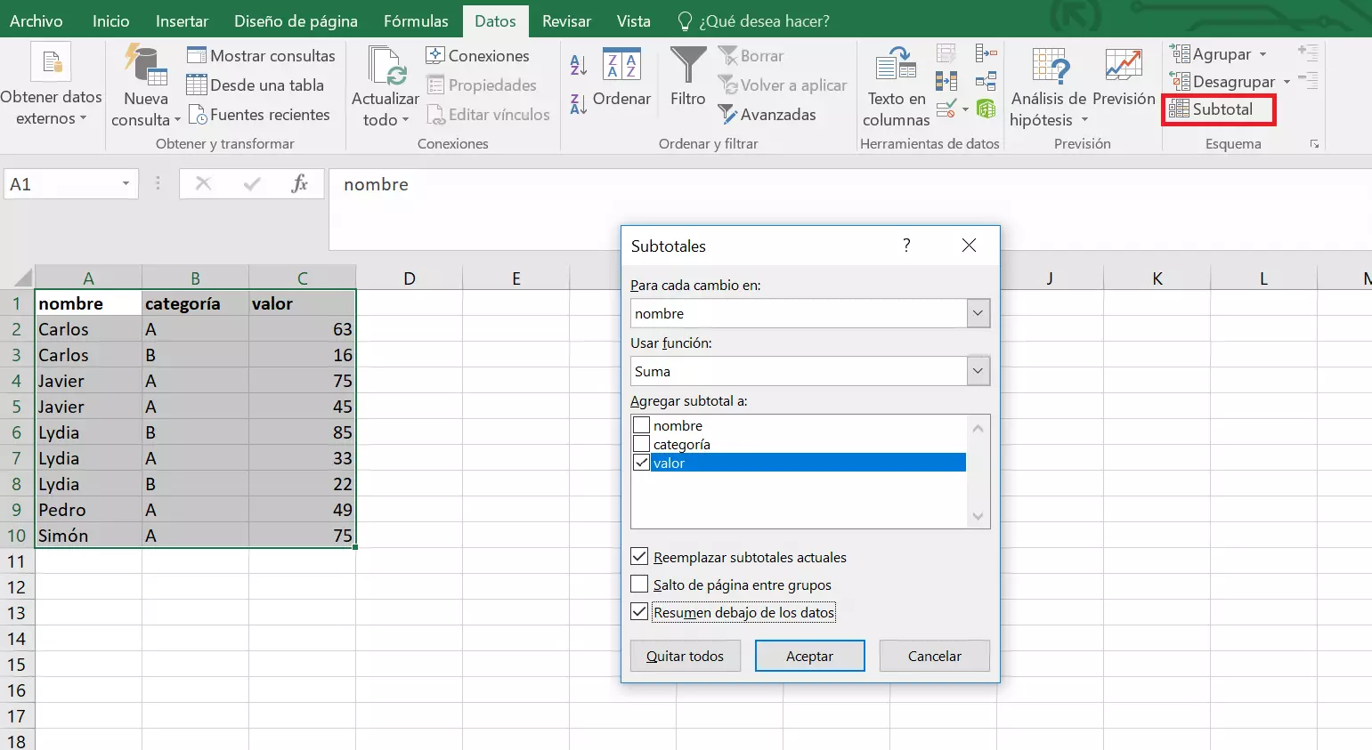 Herramienta para calcular subtotales de Excel