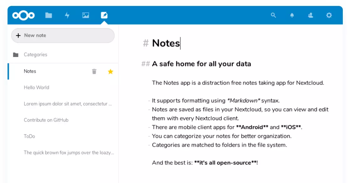 Captura de pantalla de Notes en la base de datos de la app de Nextcloud