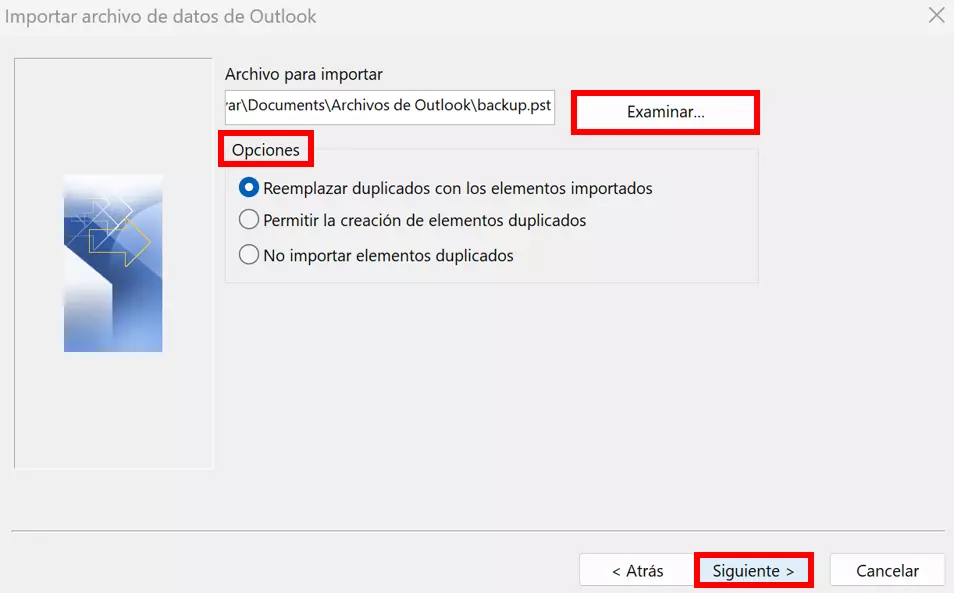 Asistente de importación y exportación de Outlook: selección del archivo a importar