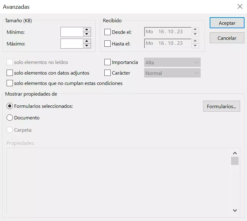 Menú para crear reglas más específicas para una respuesta automática de Outlook