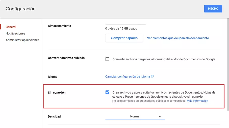 Activar el modo offline de Google Drive