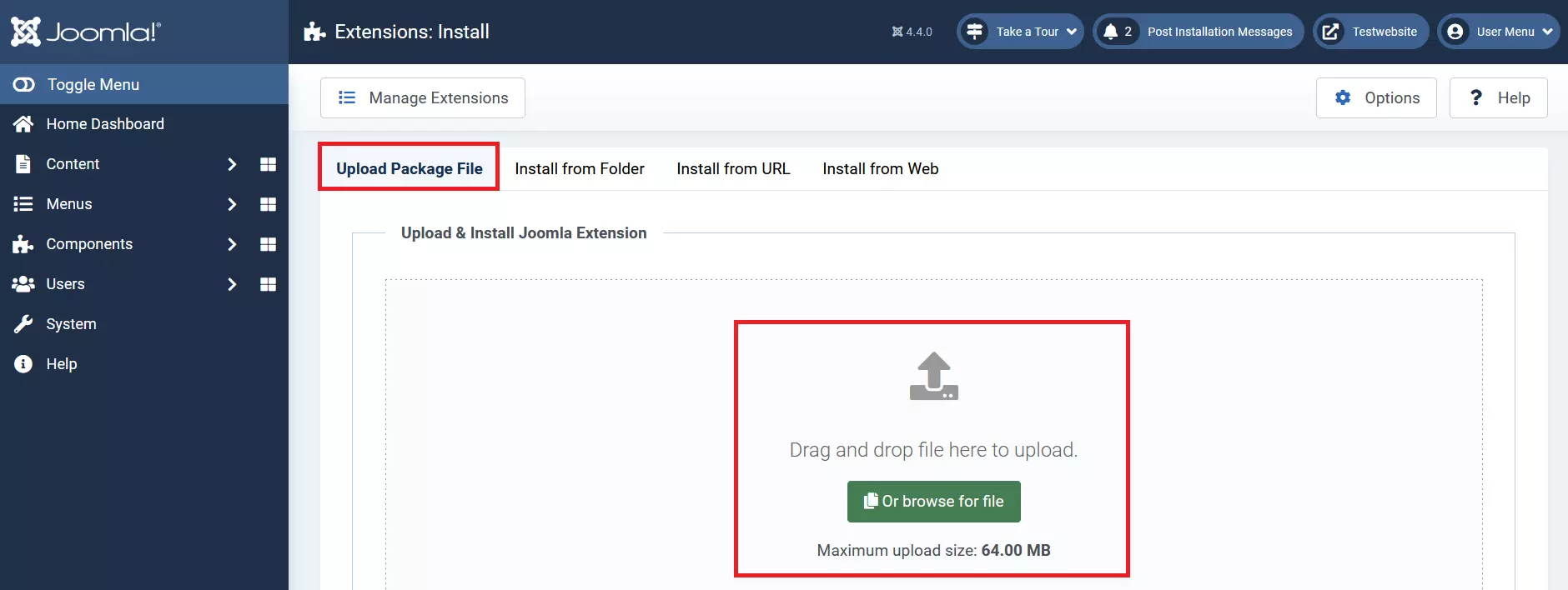 Opción “Cargar archivo de paquete” en el backend de Joomla