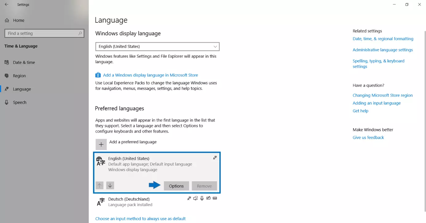 Opciones de idioma preferido en la configuración de Windows