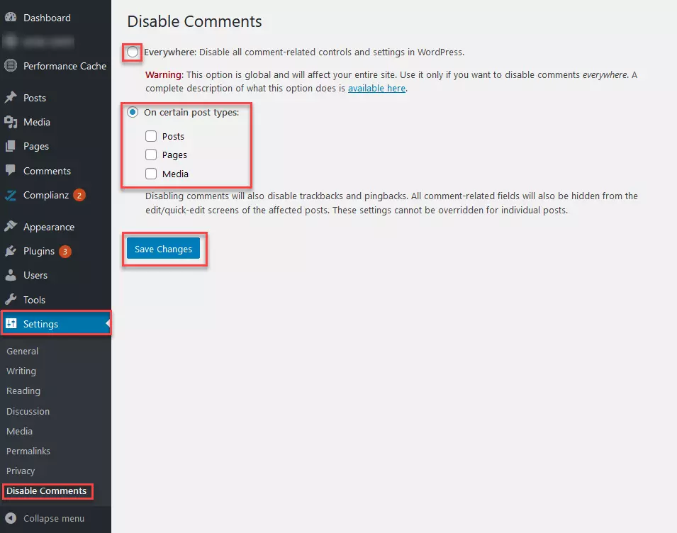 Backend del plugin Disable Comments (“deshabilitar comentarios”) con opciones de configuración 