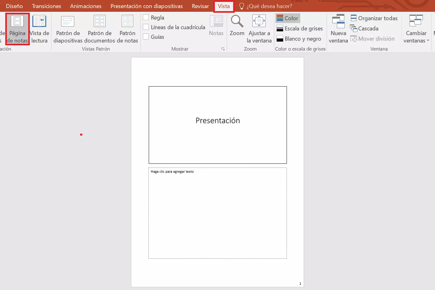 Página de notas de PowerPoint sin diapositiva