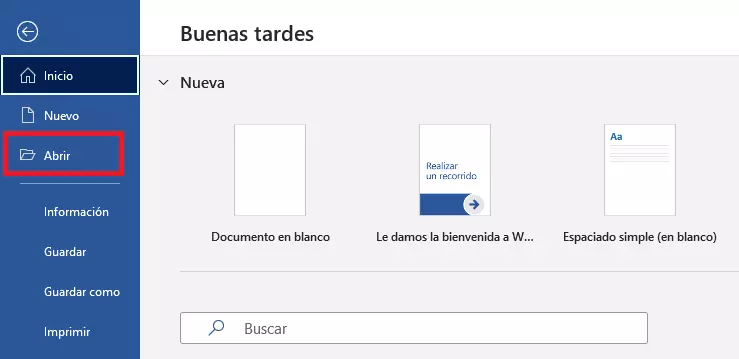 “Abrir” en la pestaña de Word “Archivo”